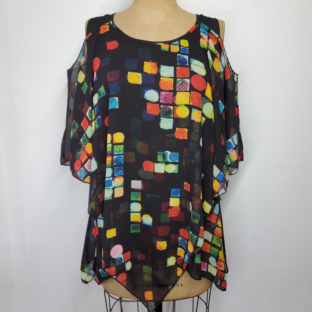 Fleur de Lis Size M Blouse Cold Shoulder Sleeveless Chiffon Black Rainbow Drape